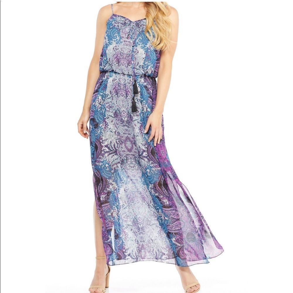 London Times Boho Print Tassel Tie Maxi Dress size 14